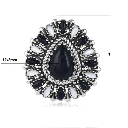 LIMITED EDITION! Sterling Silver Black Onyx and White Mother of Pearl Pear-Shaped Cluster Ring