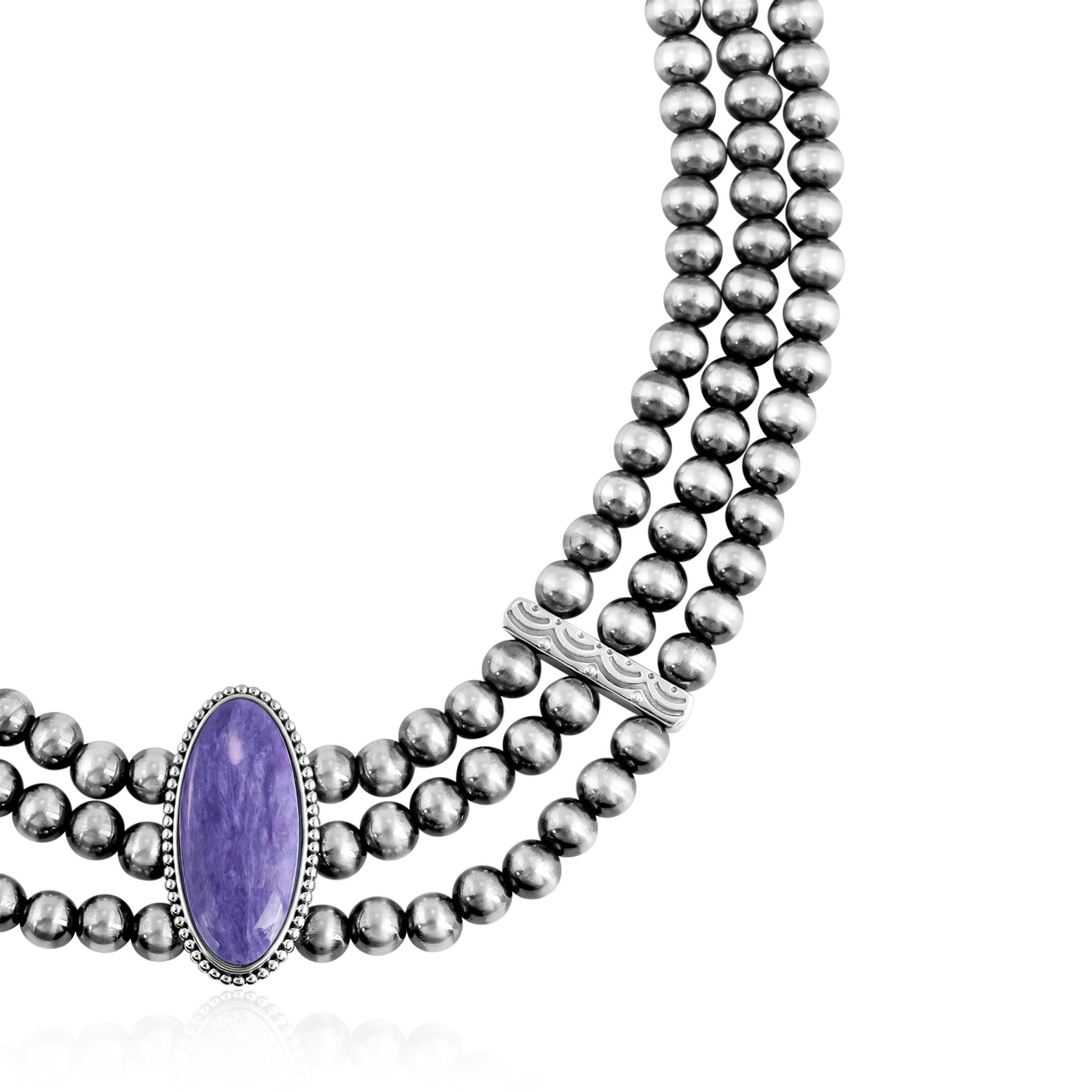 Sterling Silver Charoite Oval Cut Triple-Row Beaded Necklace, 17 to 20 Inches