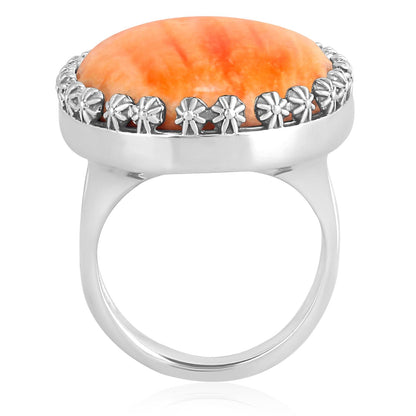 Sterling Silver Orange Spiny Oyster Concha Flower Border Oval Cut Ring, Sizes 5 to 10