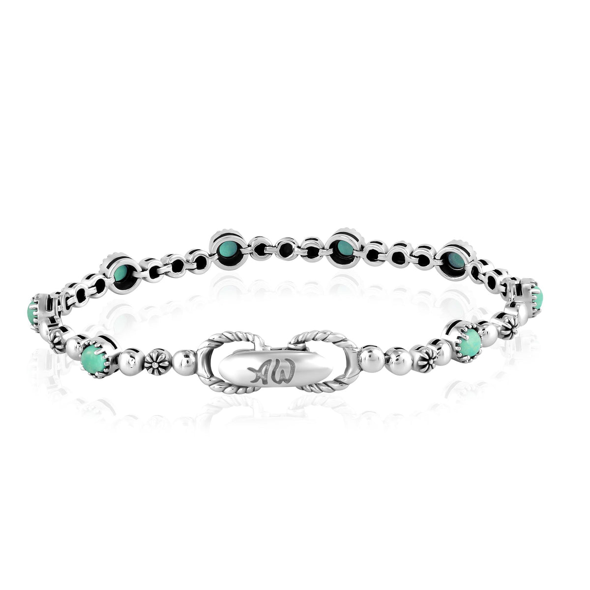 Sterling Silver Green Turquoise Round Beaded Bracelet, Sizes Small to Large