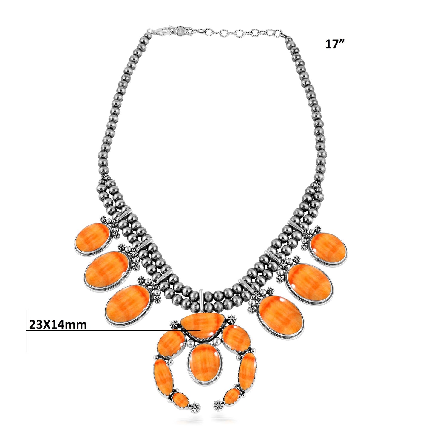 Sterling Silver Orange Spiny Oyster Naja Squash Blossom Statement Necklace