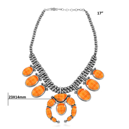 Sterling Silver Orange Spiny Oyster Naja Squash Blossom Statement Necklace