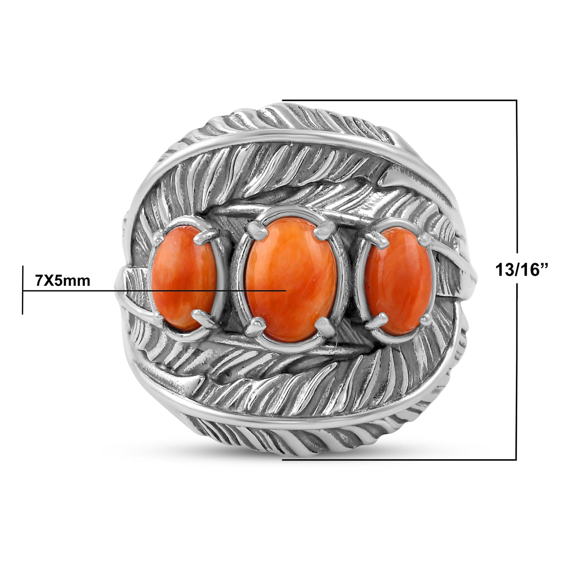 Sterling Silver Orange Spiny Oyster Three-Stone Oval Cut Feather Ring