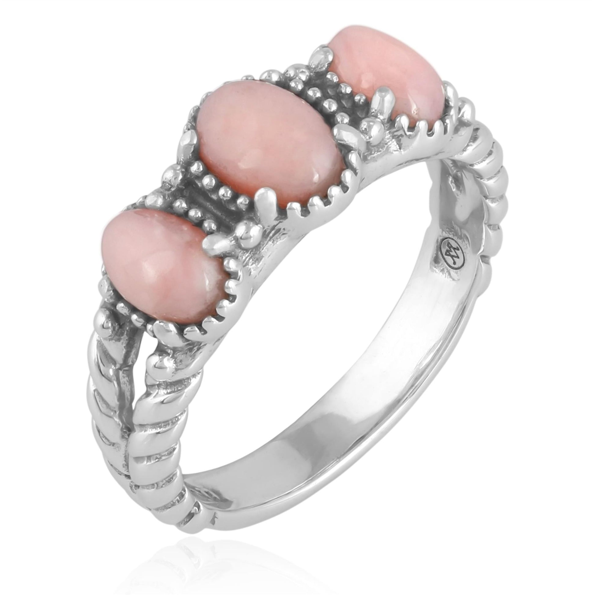 Sterling Silver Pink Opal Gemstone 3-Stone Ring, Sizes 5 to 10