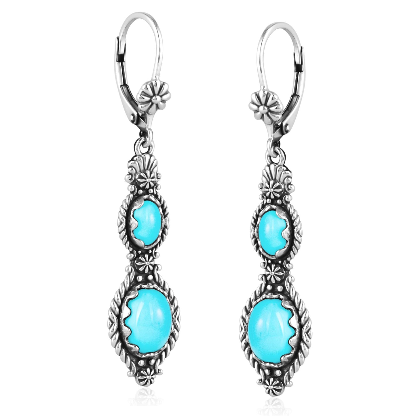 Sterling Silver Sleeping Beauty Turquoise Oval Cut Dangle Earrings