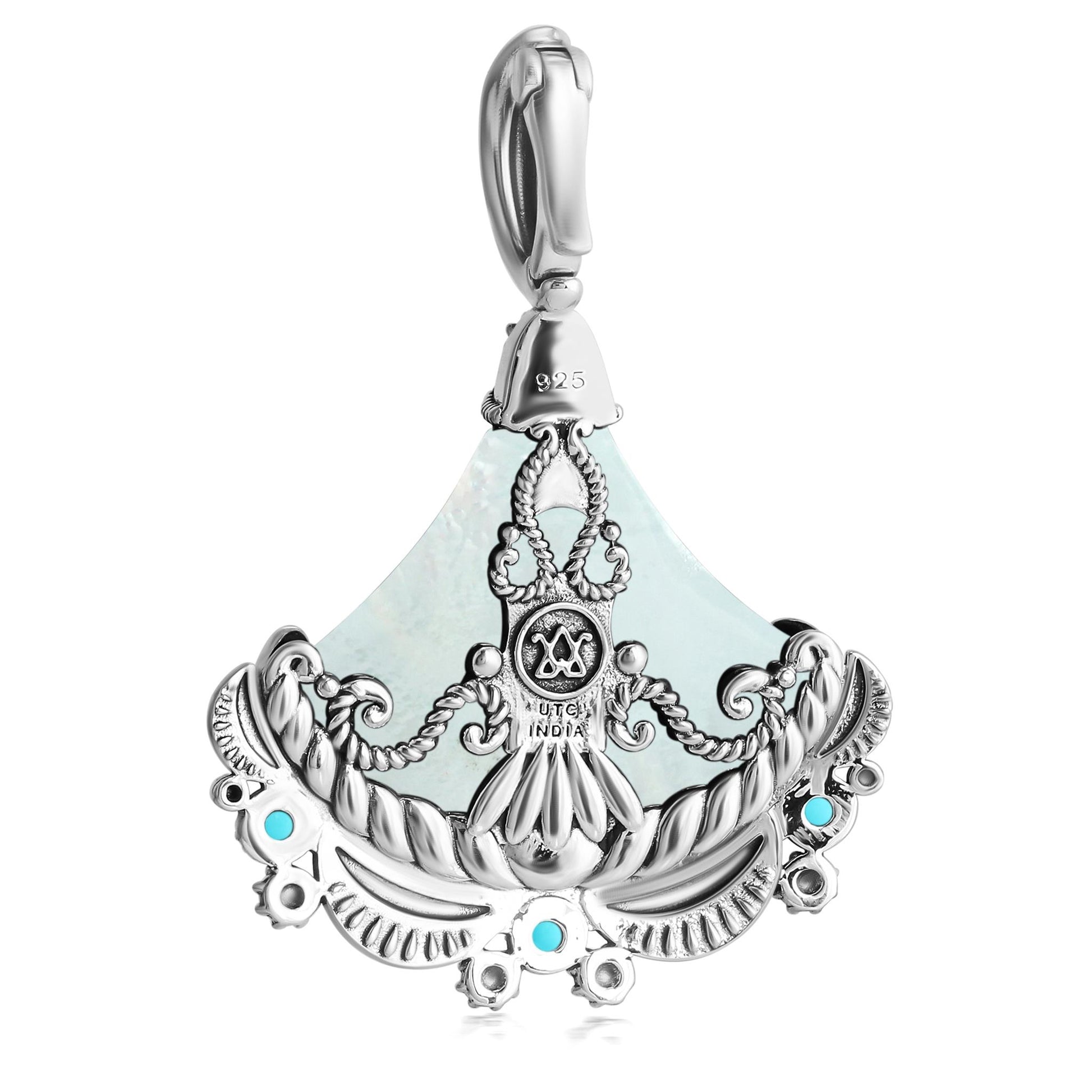 Sterling Silver White Mother of Pearl and Sleeping Beauty Turquoise Fan Pendant Enhancer 