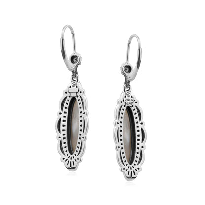 Sterling Silver White Mother of Pearl Elongated Oval Textured Lever Back Earrings 