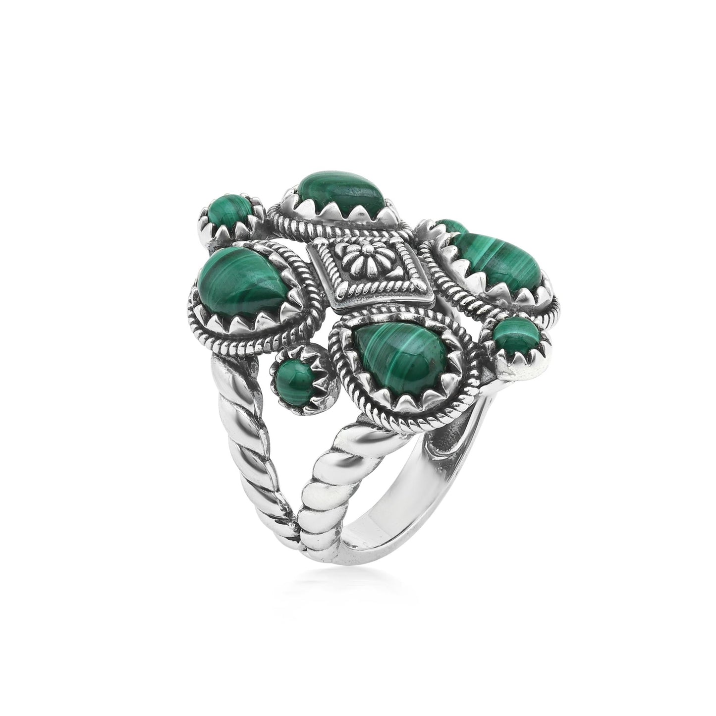Sterling Silver Malachite 4 Pear and Round Cut Cluster Ring