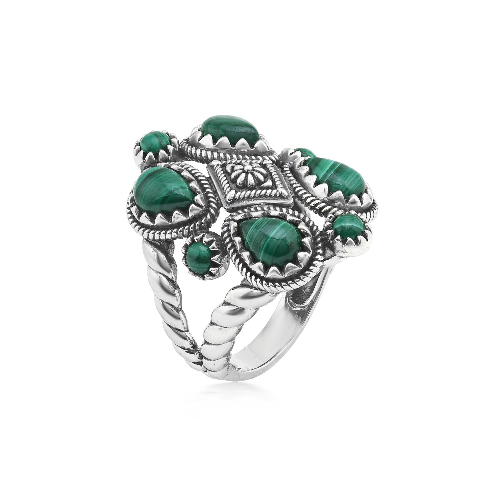 Sterling Silver Malachite 4 Pear and Round Cut Cluster Ring