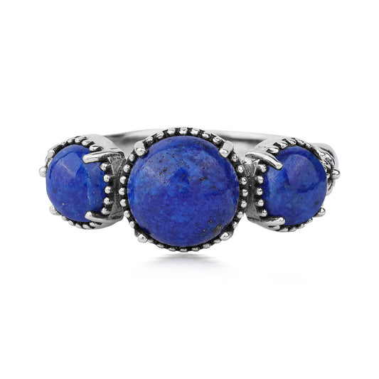 Sterling Silver Lapis Oval 3 Stone Concha and Bead Ring