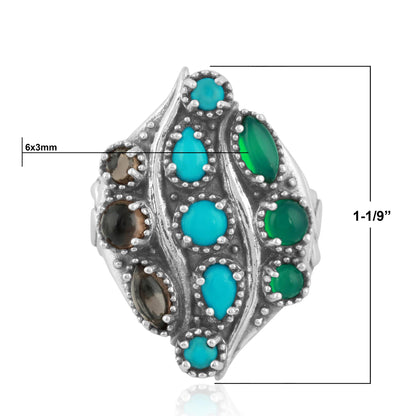 Sterling Silver Sleeping Beauty Turquoise, Green Onyx and Smoky Quartz Rio Grande Ring
