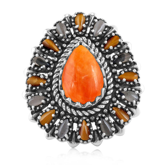 Sterling Silver Orange Spiny Oyster, Tiger's Eye and Smoky Quartz Pear-Shaped Cluster Ring