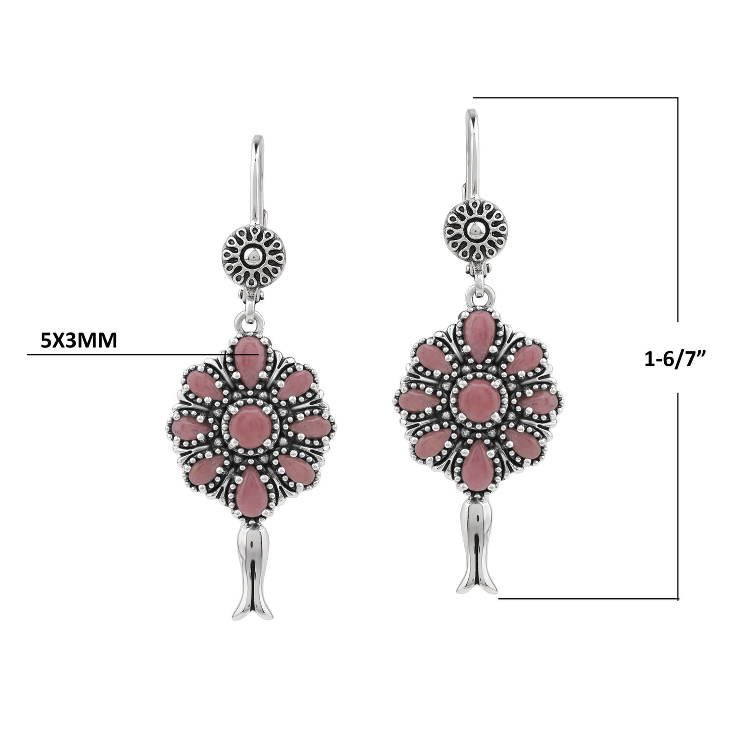  Sterling Silver Rhodonite Flower Cluster Squash Blossom Earrings