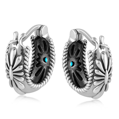 EXCLUSIVELY OURS! Sterling Silver Sleeping Beauty Turquoise Rope and Flower Design Hoop Earrings