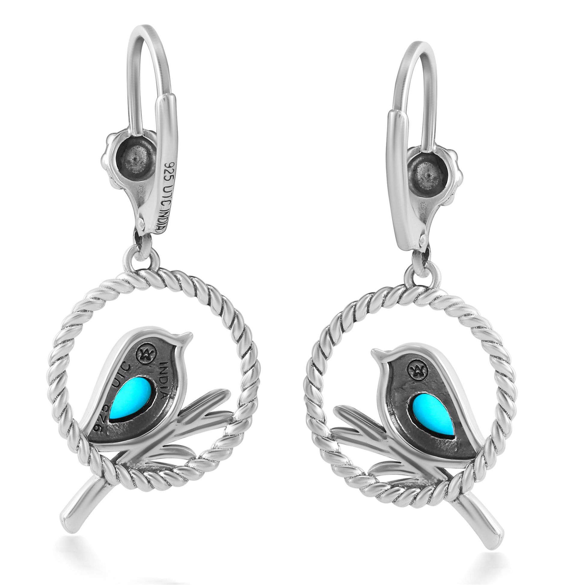 EXCLUSIVELY OURS! Sterling Silver Sleeping Beauty Turquoise Bird and Branch Open Circle Dangle Earrings