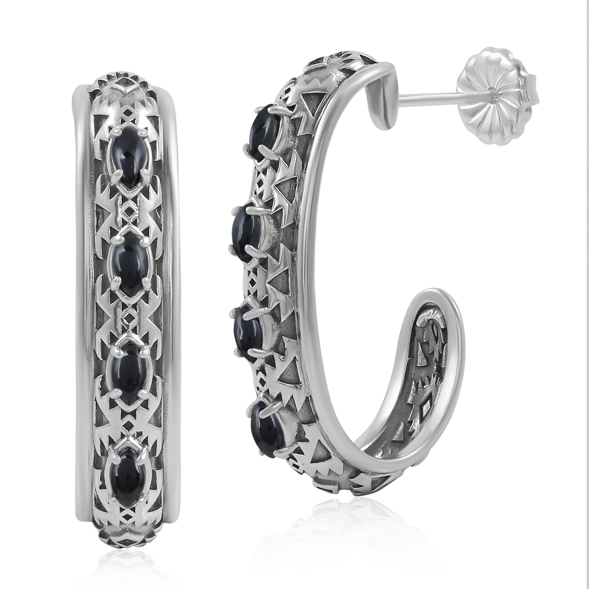 Sterling Silver Black Onyx Patterned J-Hoop 1 Inch Earrings 