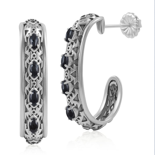 Sterling Silver Black Onyx Patterned J-Hoop 1 Inch Earrings 