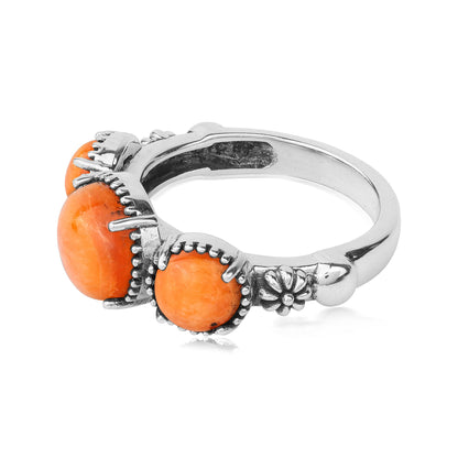 Sterling Silver Orange Spiny Oyster Oval 3 Stone Concha and Bead Ring