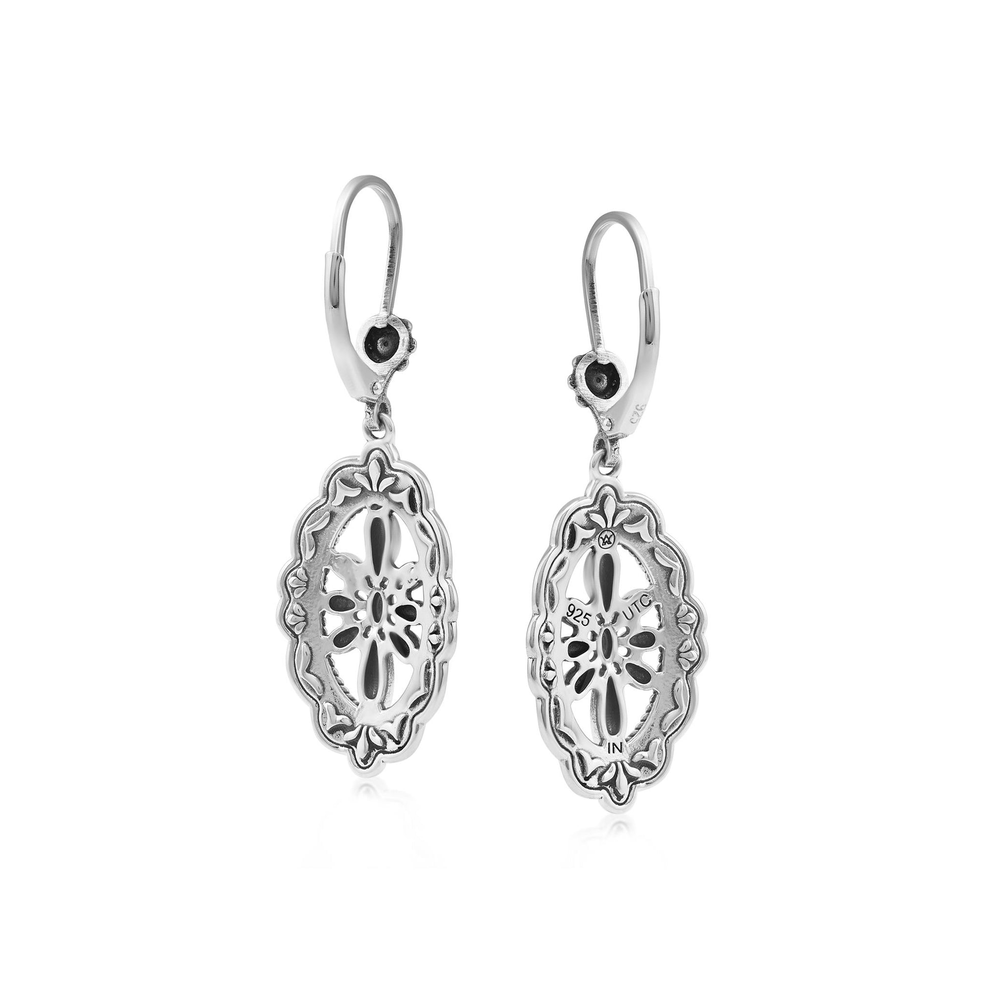 Sterling Silver Oval and Concha Lever Back Earrings
