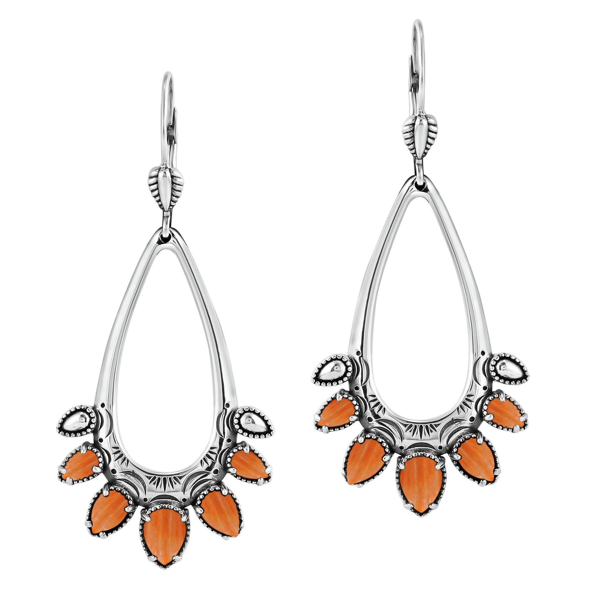 Sterling Silver Orange Spiny Oyster Open Pear Gemstone Lever Back Earrings