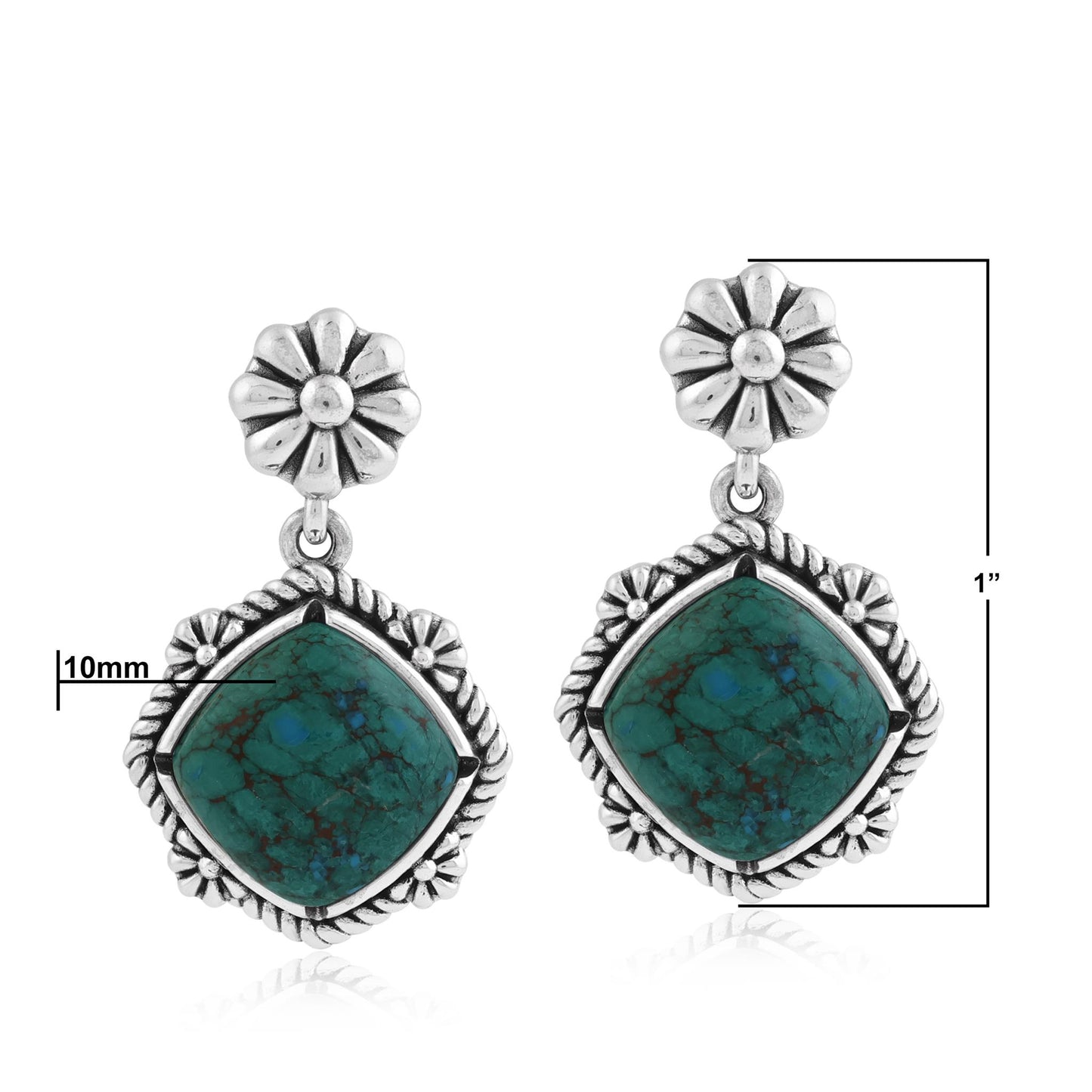 Sterling Silver Chrysocolla Cushion-Cut Concha Flower Post Earrings 
