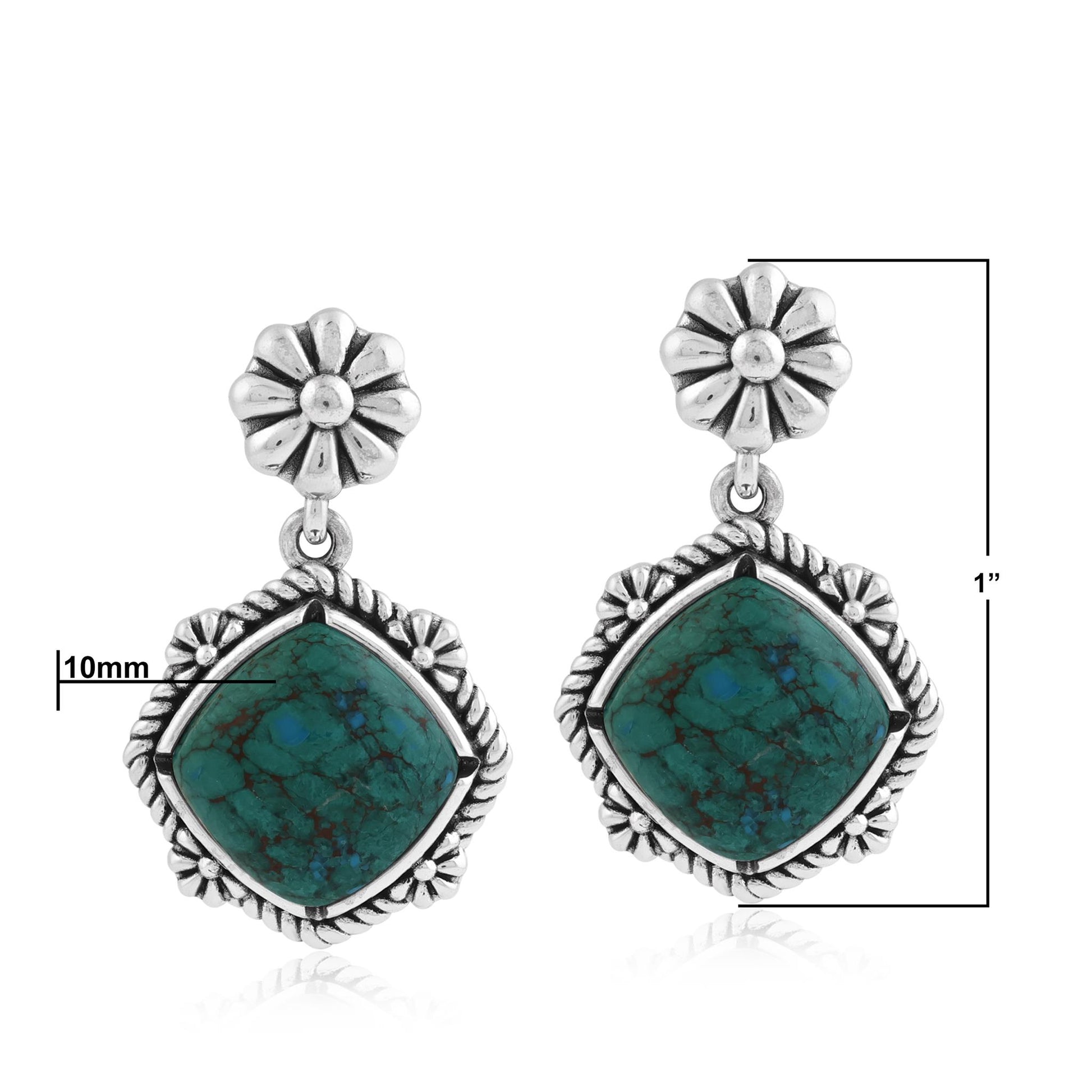 Sterling Silver Chrysocolla Cushion-Cut Concha Flower Post Earrings 
