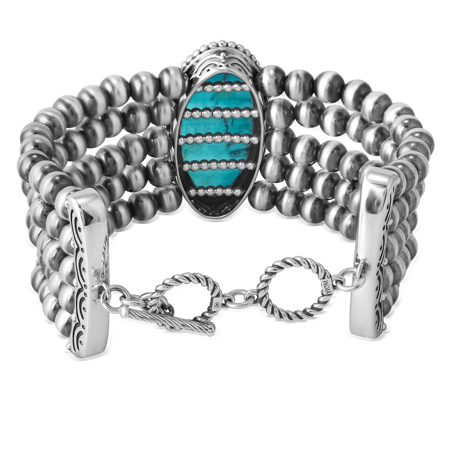 Sterling Silver Kingman Turquoise Oval Cut Triple Bead Toggle Bracelet, Sizes Small to Large