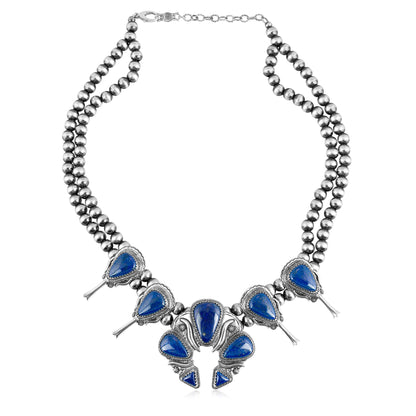 EXCLUSIVELY OURS! Sterling Silver Lapis Large Naja Squash Blossom Necklace, 21 to 24 Inches