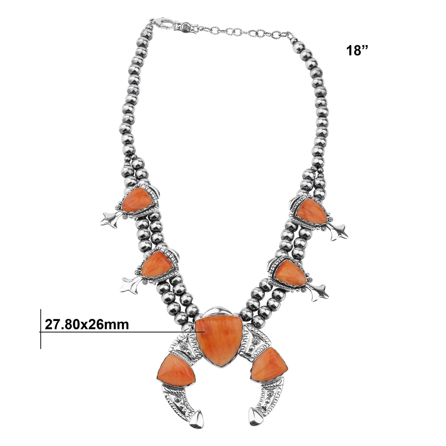 LIMITED EDITION! Sterling Silver Orange Spiny Oyster Arrowhead Squash Blossom Statement Necklace