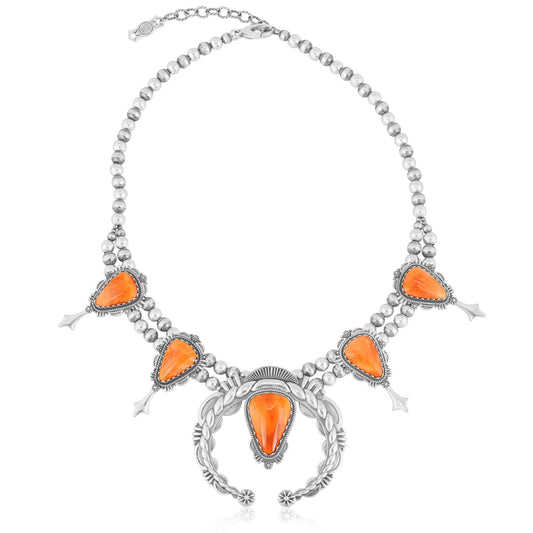 Sterling Silver Orange Spiny Oyster Soft Triangle Squash Blossom Naja Necklace