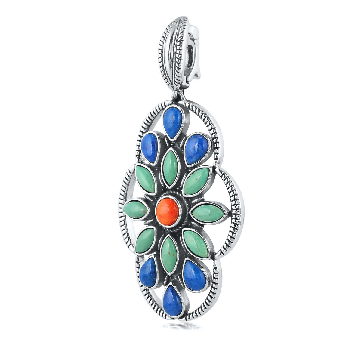 Sterling Silver Green Turquoise Lapis and Orange Spiny Oyster Oval Cluster Pendant Enhancer