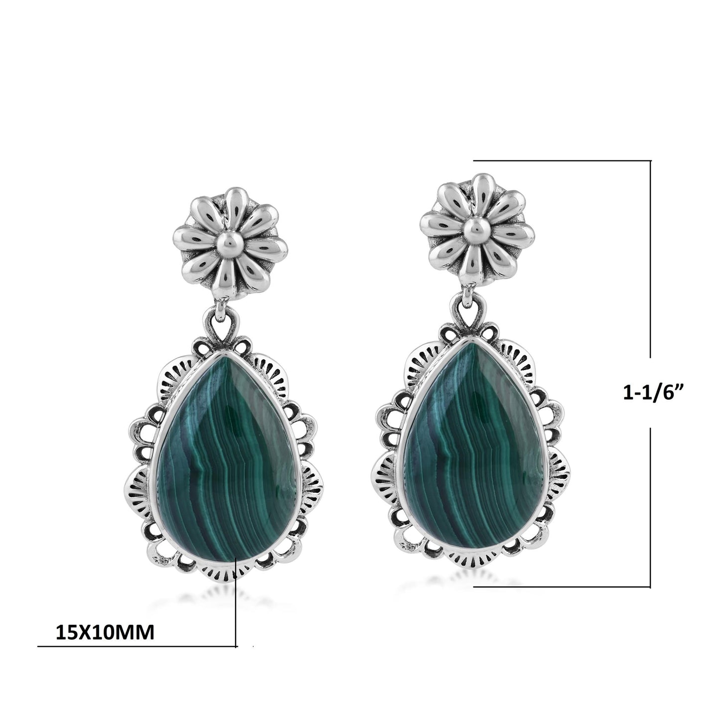  Sterling Silver Malachite Pear-Cut Concha Dangle Earrings
