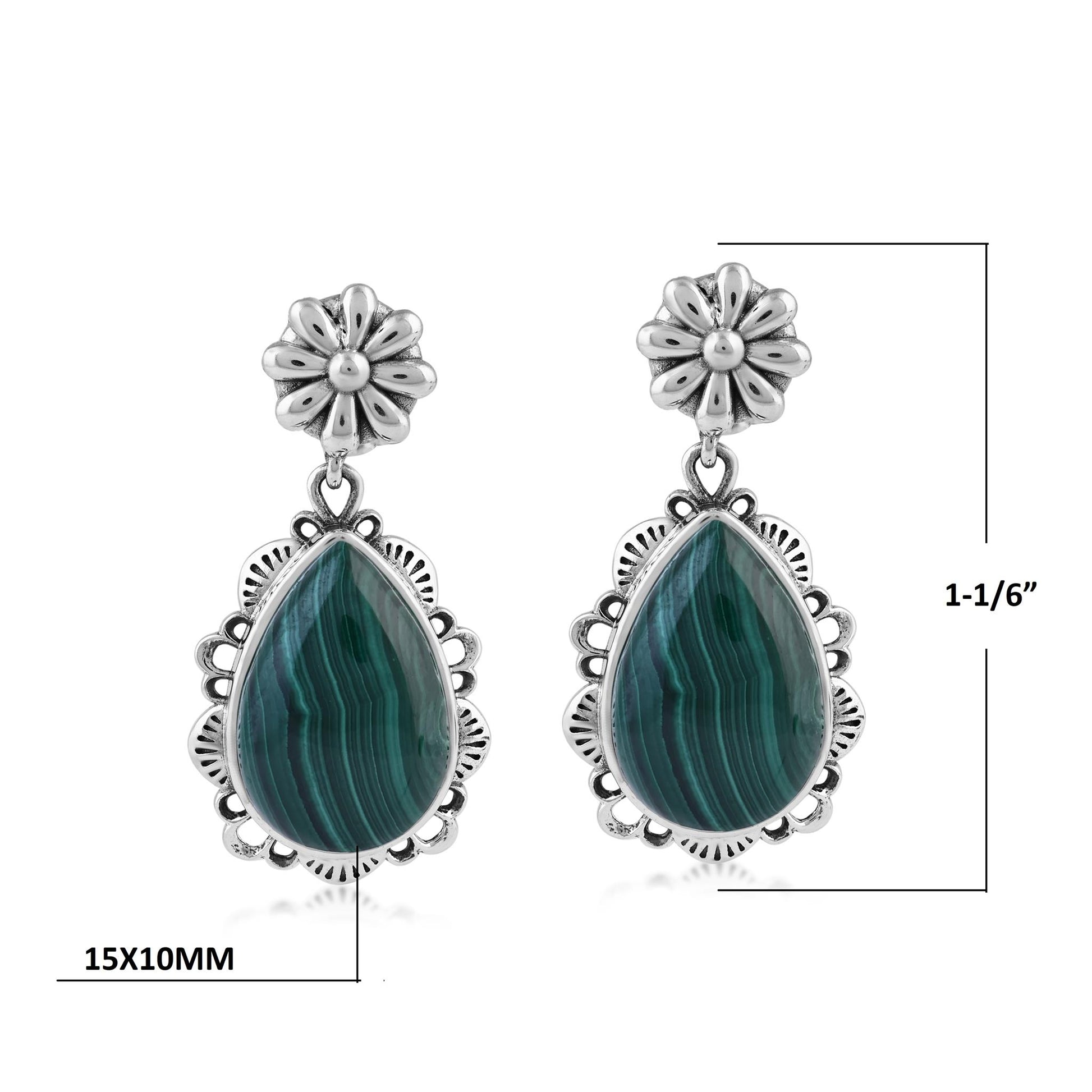  Sterling Silver Malachite Pear-Cut Concha Dangle Earrings