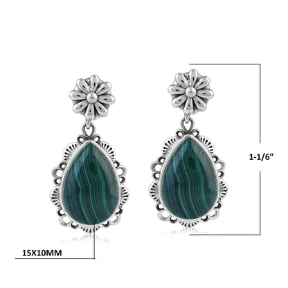  Sterling Silver Malachite Pear-Cut Concha Dangle Earrings