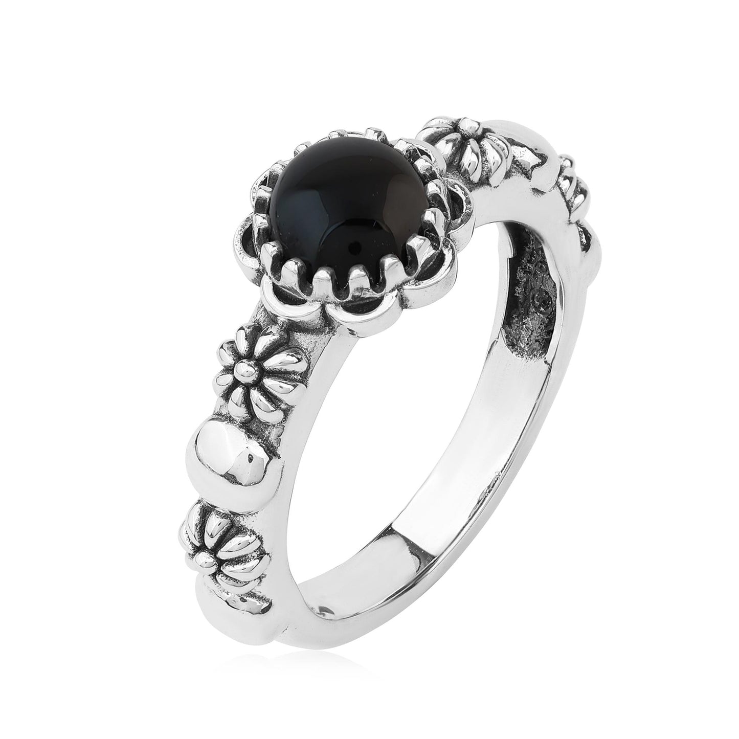  Sterling Silver Black Onyx Single Row Concha Flower Ring