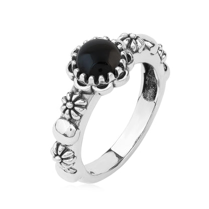  Sterling Silver Black Onyx Single Row Concha Flower Ring