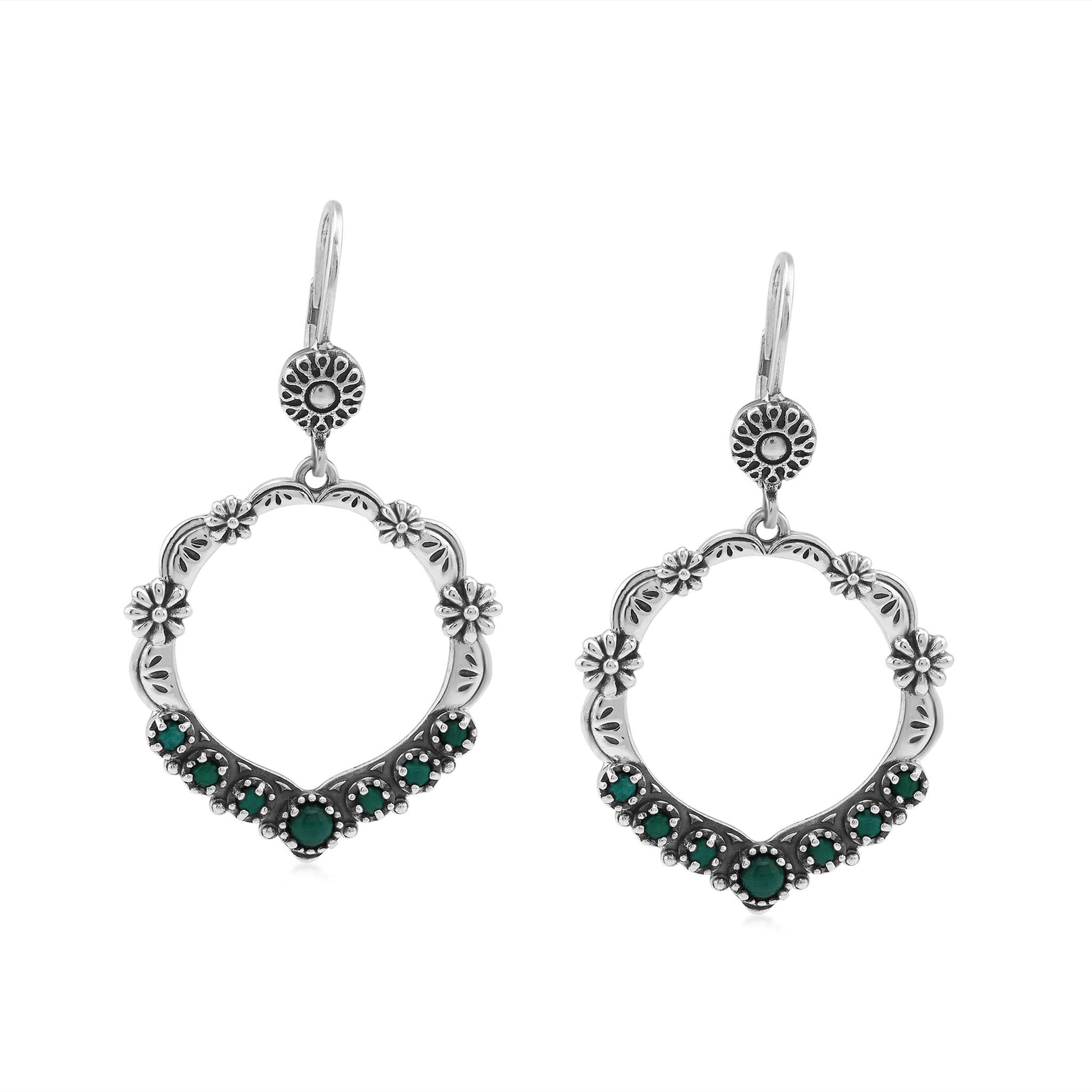 Sterling Silver Malachite Open Hoop Concha Lever Back Earrings