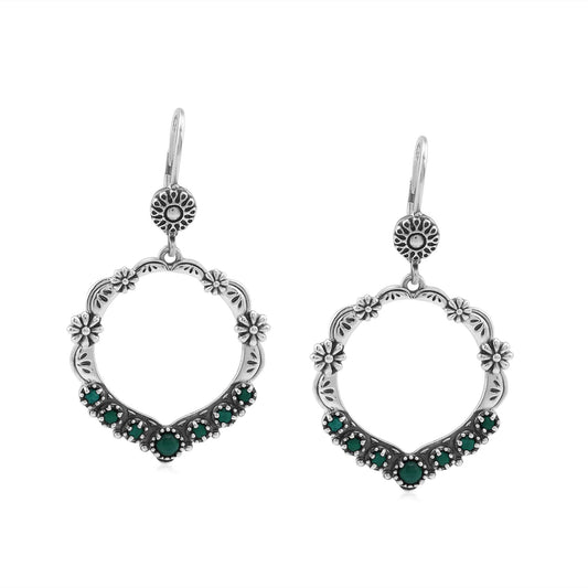 Sterling Silver Malachite Open Hoop Concha Lever Back Earrings