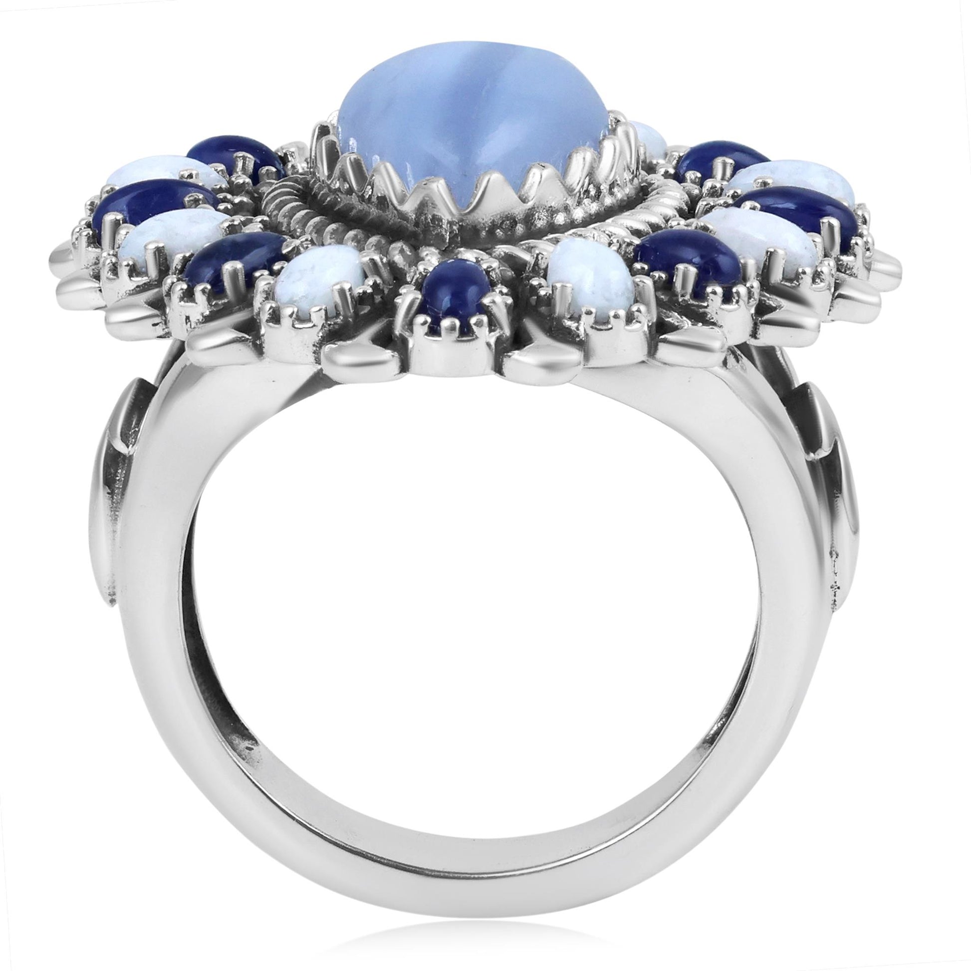 Sterling Silver Blue Lace Agate, Sodalite and White Agate Pear-Shaped Cluster Ring