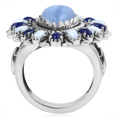 Sterling Silver Blue Lace Agate, Sodalite and White Agate Pear-Shaped Cluster Ring