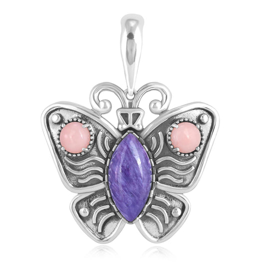 Sterling Silver Charoite and Pink Opal Butterfly Pendant Enhancer