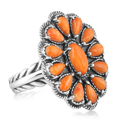 Sterling Silver Orange Spiny Oyster Flower Cluster Ring, Sizes 5 to 10