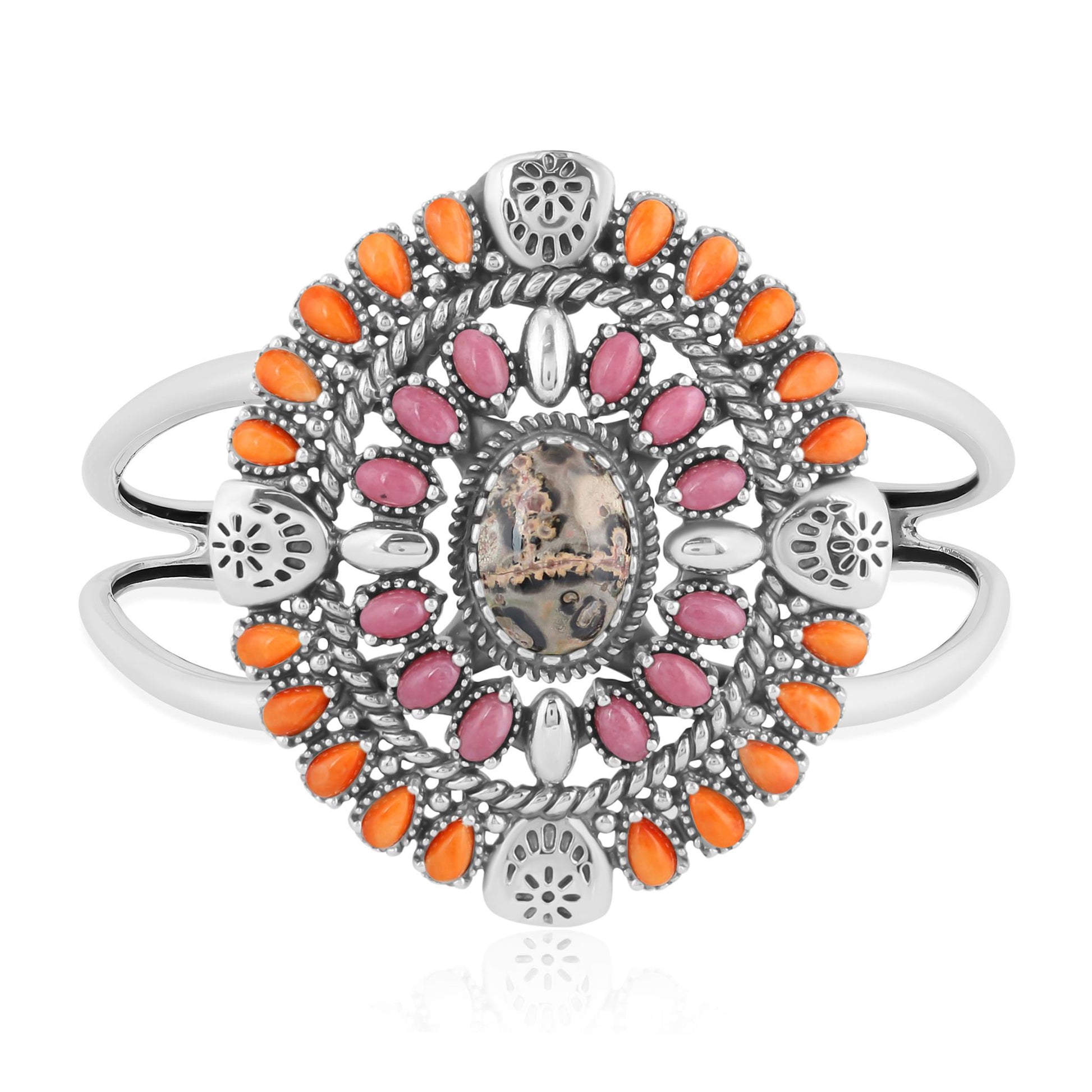 Sterling Silver Leopard Jasper, Orange Spiny Oyster and Rhodonite Oval Floral Cluster Cuff Bracelet