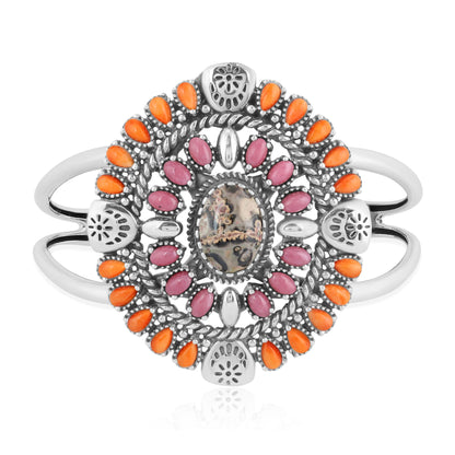 Sterling Silver Leopard Jasper, Orange Spiny Oyster and Rhodonite Oval Floral Cluster Cuff Bracelet