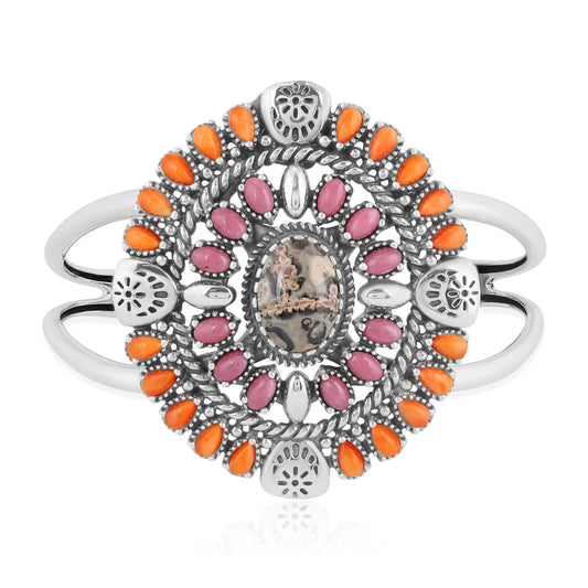Sterling Silver Leopard Jasper, Orange Spiny Oyster and Rhodonite Oval Floral Cluster Cuff Bracelet