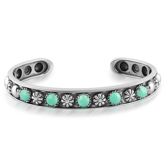 Sterling Silver Green Turquoise Concha Flower Narrow Cuff Bracelet