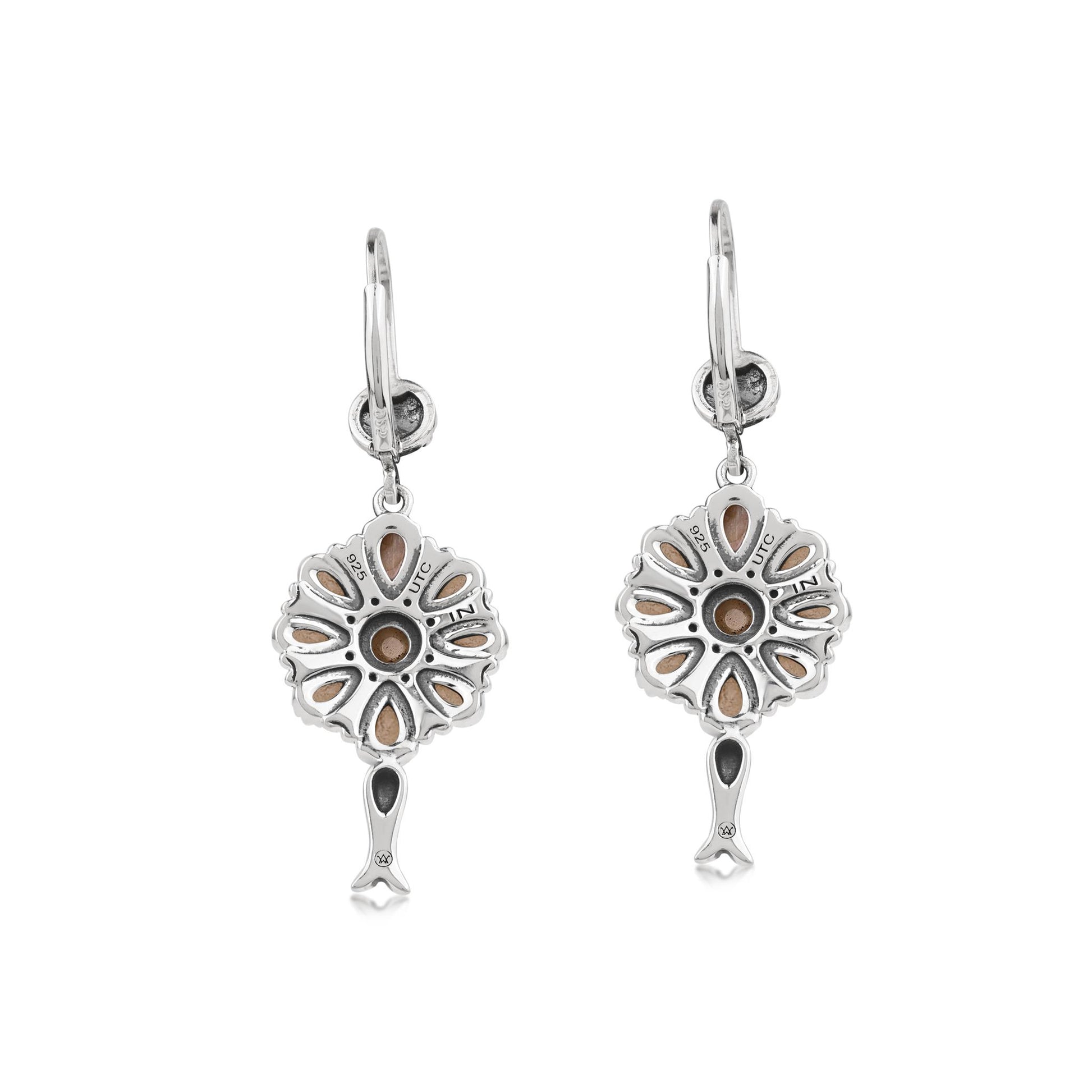  Sterling Silver White Mother of Pearl Flower Cluster Squash Blossom Earrings