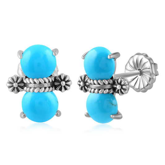 Sterling Silver Round Sleeping Beauty Turquoise Concha Stud Earrings 
