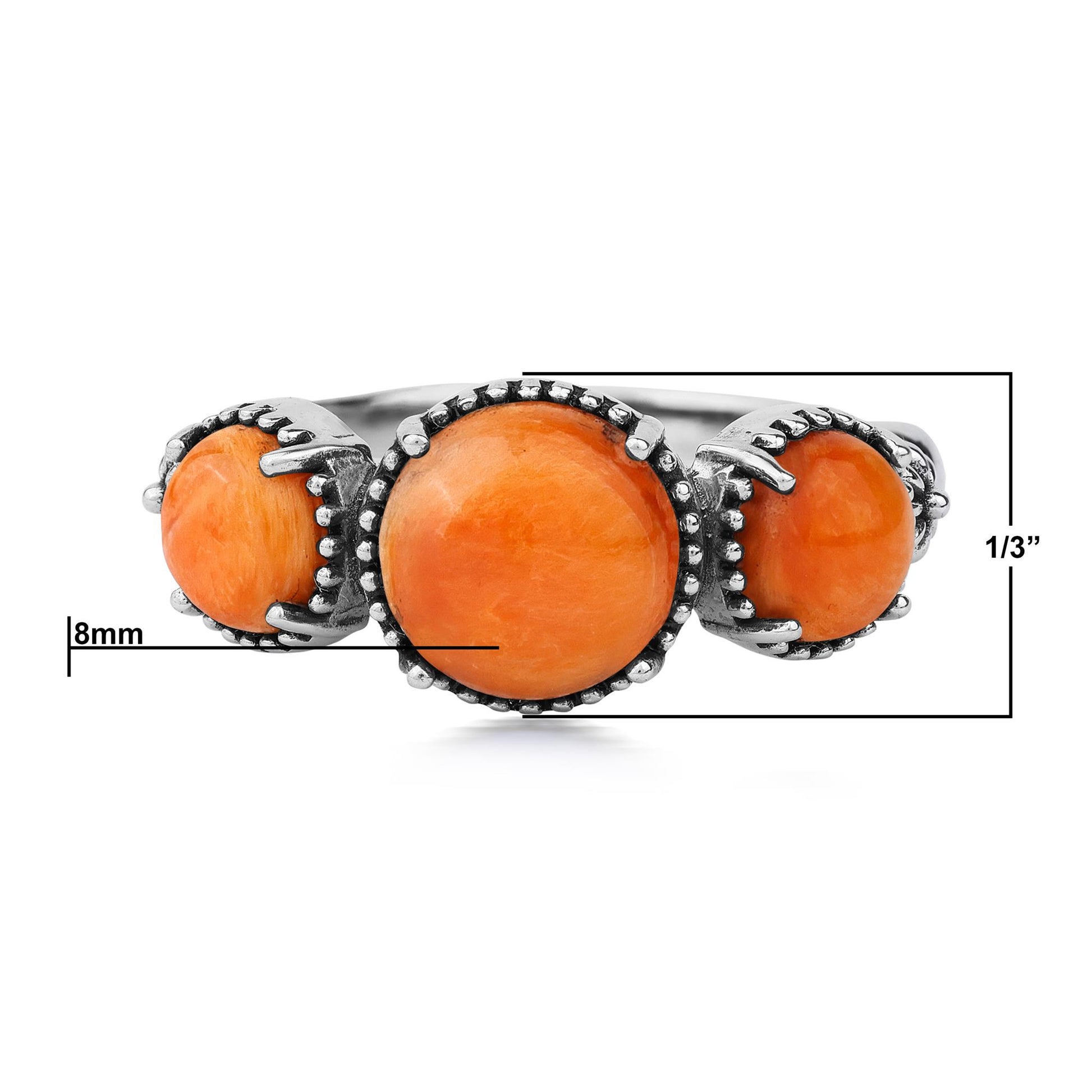 Sterling Silver Orange Spiny Oyster Oval 3 Stone Concha and Bead Ring