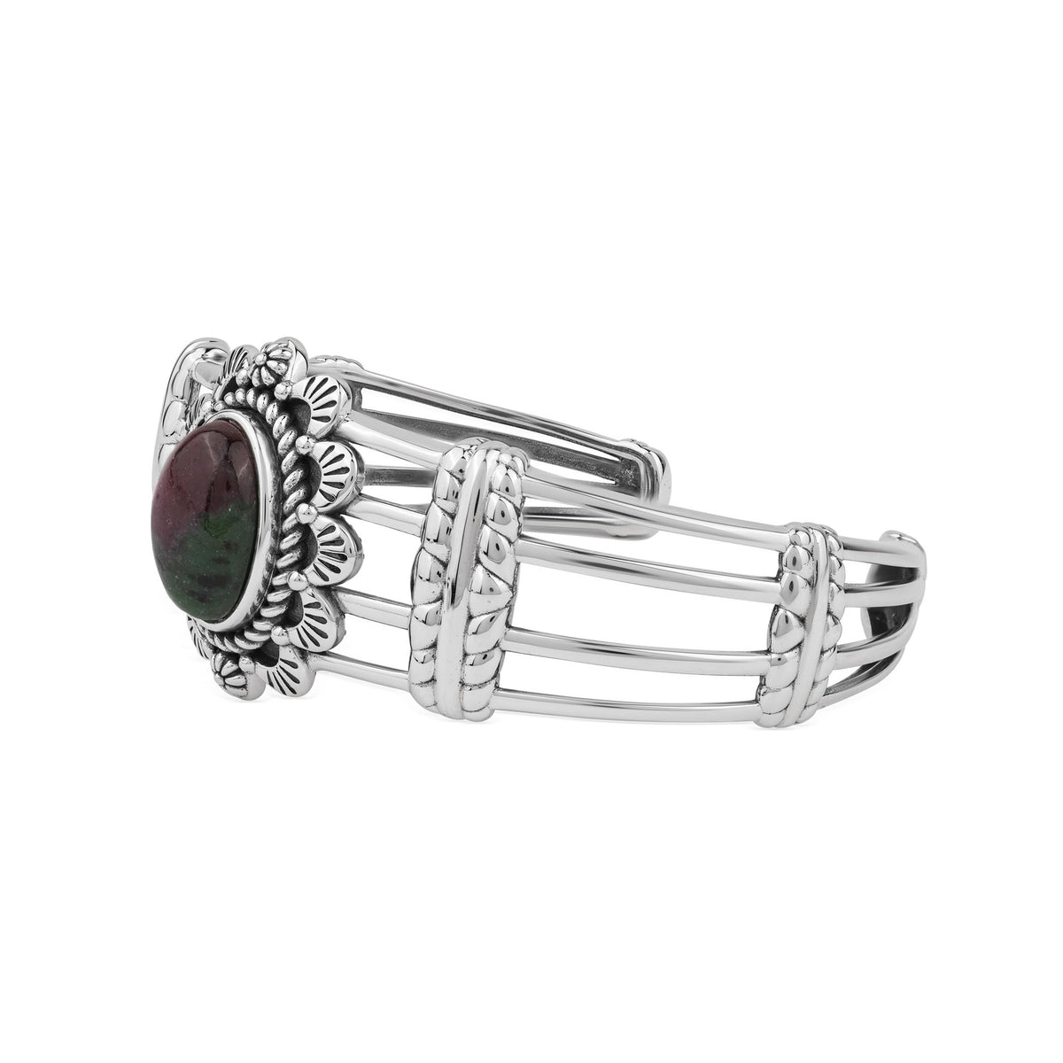 Sterling Silver Ruby Zoisite Oval Scallop Open Cuff Bracelet, Sizes Small to Large